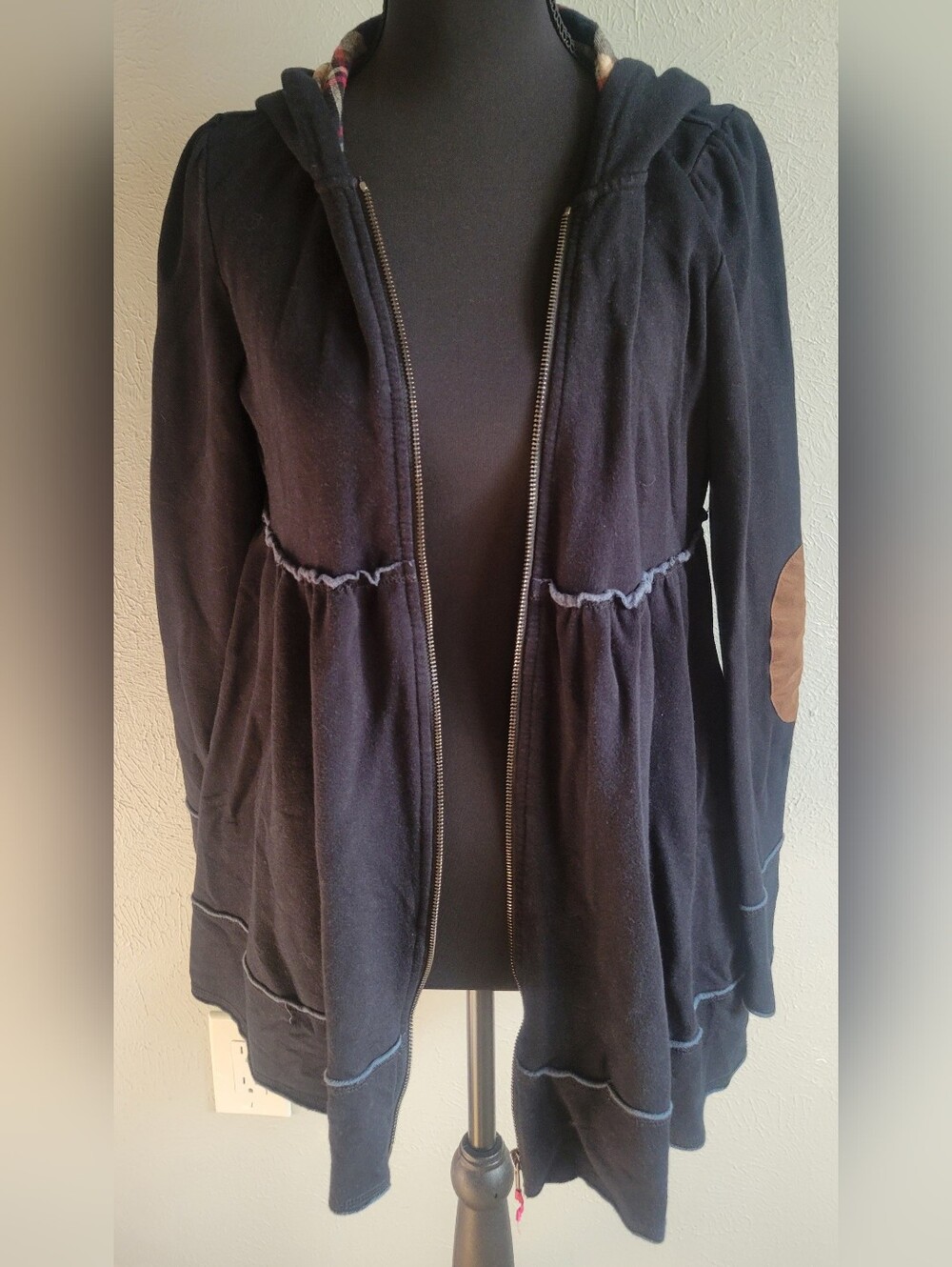Black Zip-Up Hooded Swing Jacket with Elbow Patches